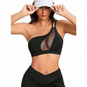 Women's Black One Shoulder Light Support Straight and Crossed‎ Straps Yoga Bra